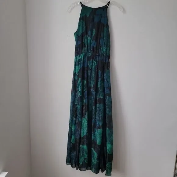 ALEXA B NITES Blue & Green Rose & Leaf Motif Gown Woven Metallic Silver  Size 4
